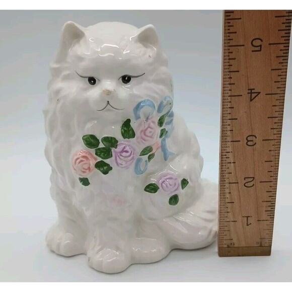 Persian Sitting Cat Planter white blue bow pink roses Tiawan Kitty Kitten - Picture 2 of 8